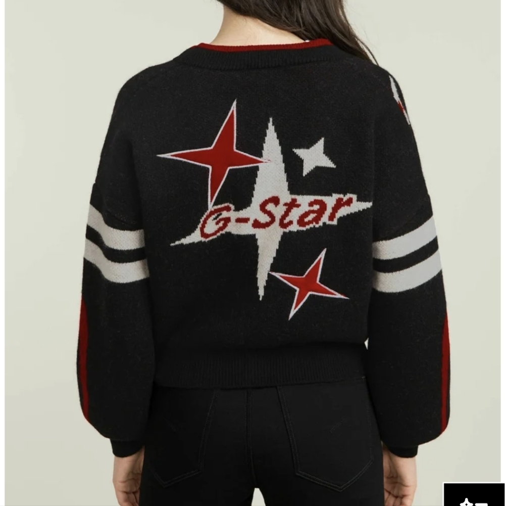 G-Star Knit Cardigan Sweater Loose Fit  Festive Wool Blend Graphic Star L NWT - Picture 3 of 10